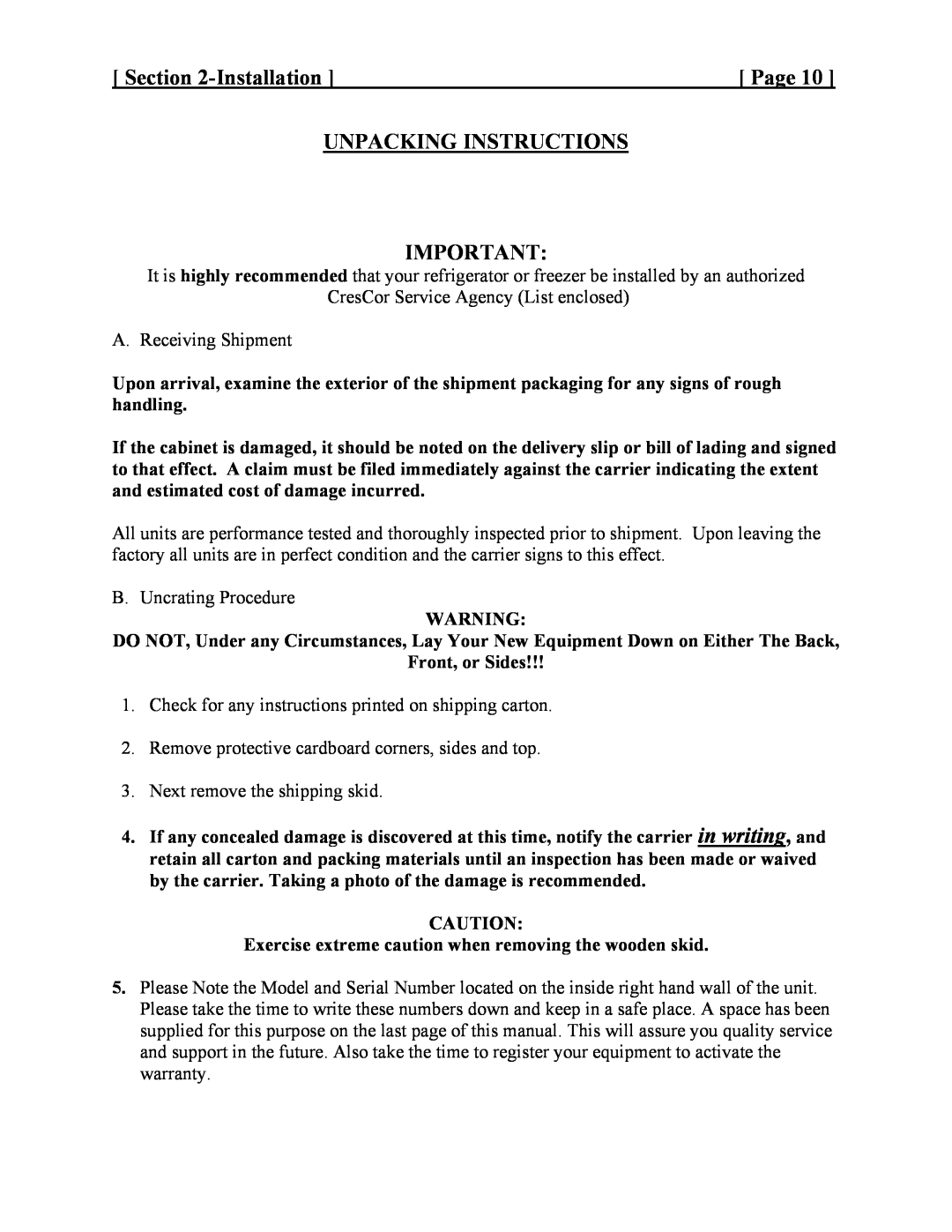 Cres Cor CCBC-4-35, CCBC-12-75, CCBC12-UA-100 service manual Installation, Unpacking Instructions, Page 