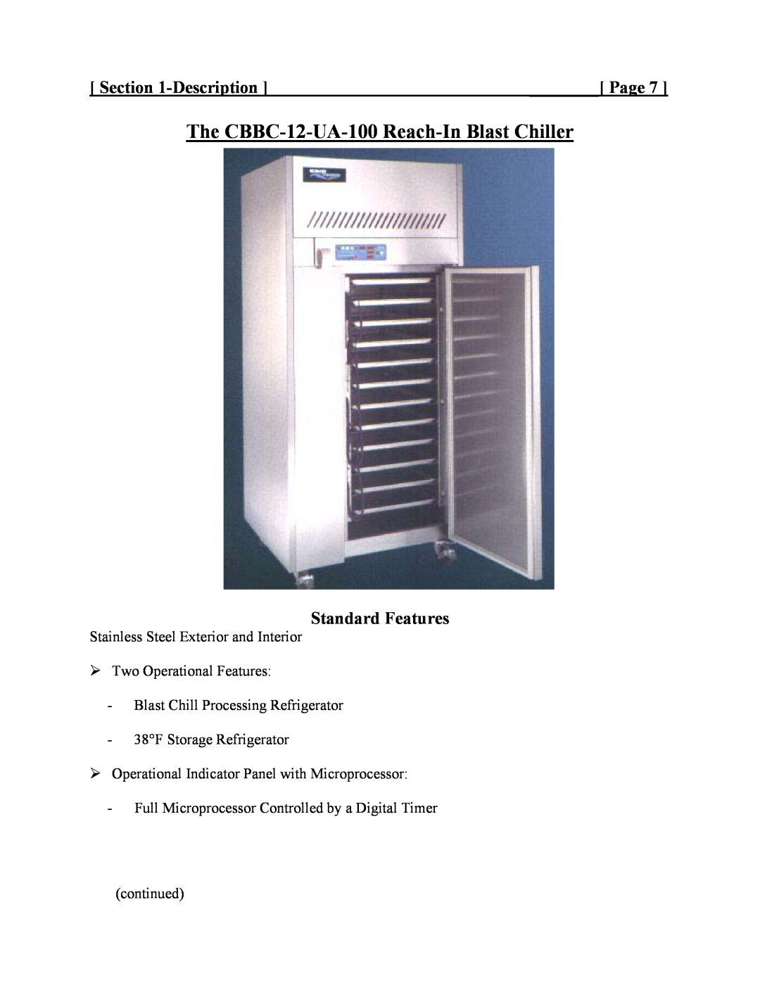 Cres Cor CCBC-4-35, CCBC-12-75, CCBC12-UA-100 service manual The CBBC-12-UA-100 Reach-InBlast Chiller, Page 