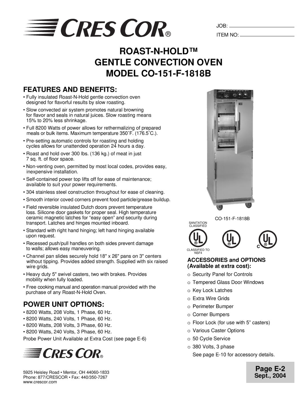 Cres Cor CO-151-F-1818B operation manual Features and Benefits, Power Unit Options 