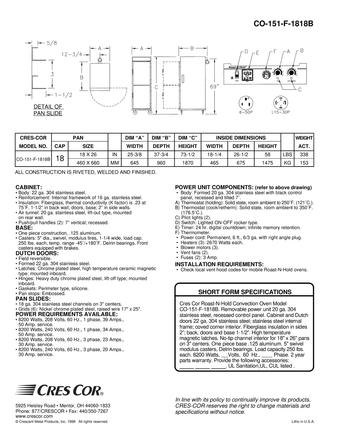 Cres Cor CO-151-F-1818B Cabinet, Base, Dutch Doors, PAN Slides, Power Requirements Available, Installation Requirements 