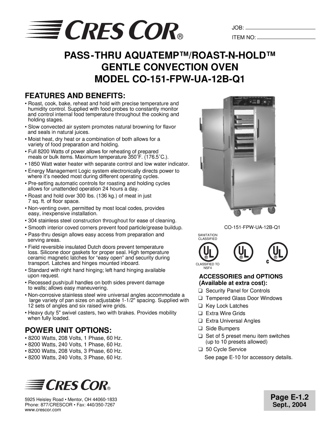 Cres Cor CO-151-FPW-UA-12B-Q1 manual Features and Benefits, Power Unit Options 