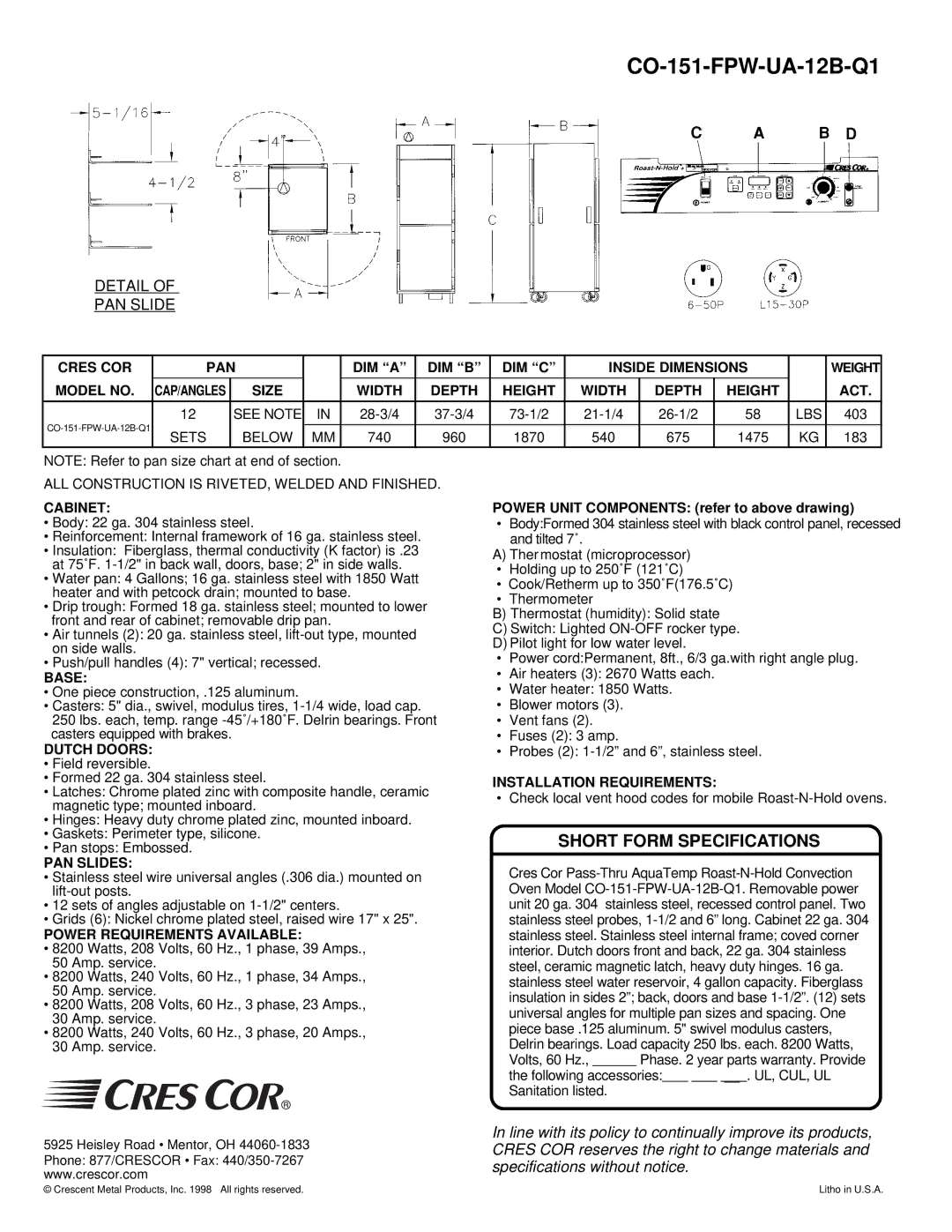 Cres Cor CO-151-FPW-UA-12B-Q1 Cres COR PAN DIM a DIM B DIM C Inside Dimensions, Model no, Size Width Depth Height ACT 