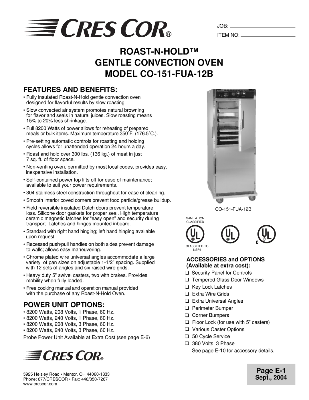 Cres Cor CO-151-FUA-12B operation manual Features and Benefits, Power Unit Options 