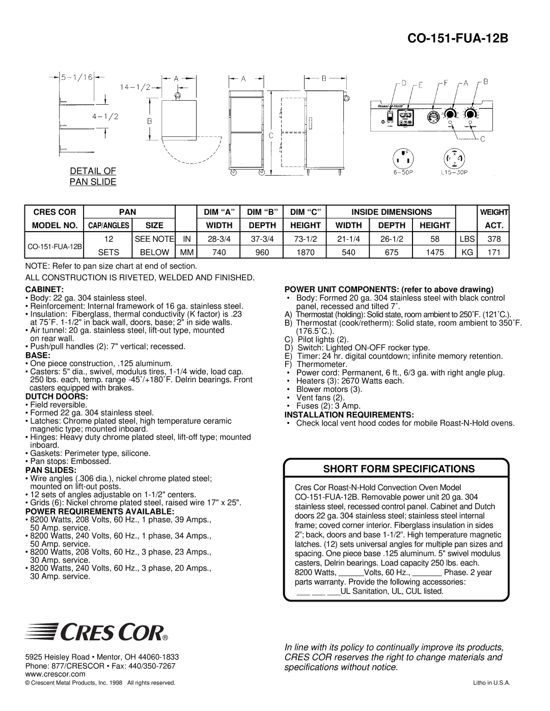 Cres Cor CO-151-FUA-12B Cres COR PAN DIM a DIM B DIM C Inside Dimensions, Model no, Size Width Depth Height ACT, Cabinet 