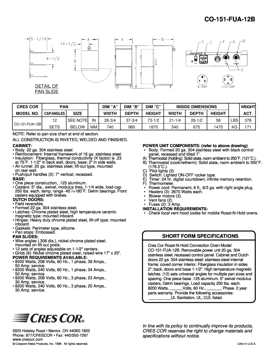 Cres Cor CO-151-FUA-12B operation manual Short Form Specifications 