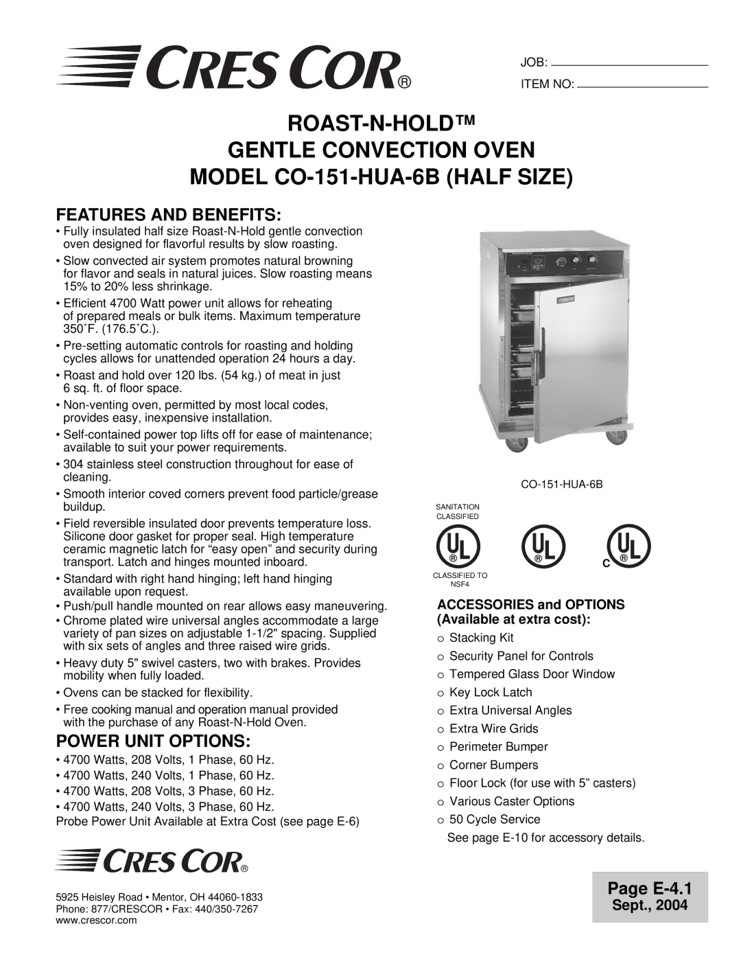 Cres Cor CO-151-HUA-6B operation manual Features and Benefits, Power Unit Options 