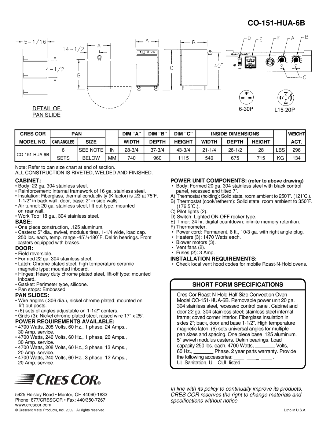 Cres Cor CO-151-HUA-6B Cabinet, Base, Door, Installation Requirements, PAN Slides, Power Requirements Available 