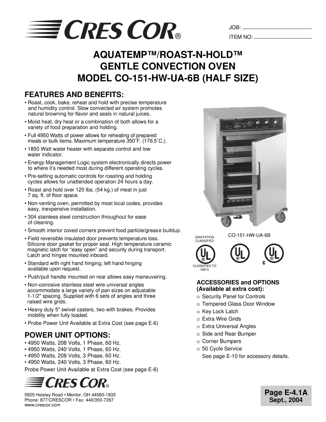 Cres Cor CO-151-HW-UA-6B manual Features and Benefits, Power Unit Options 