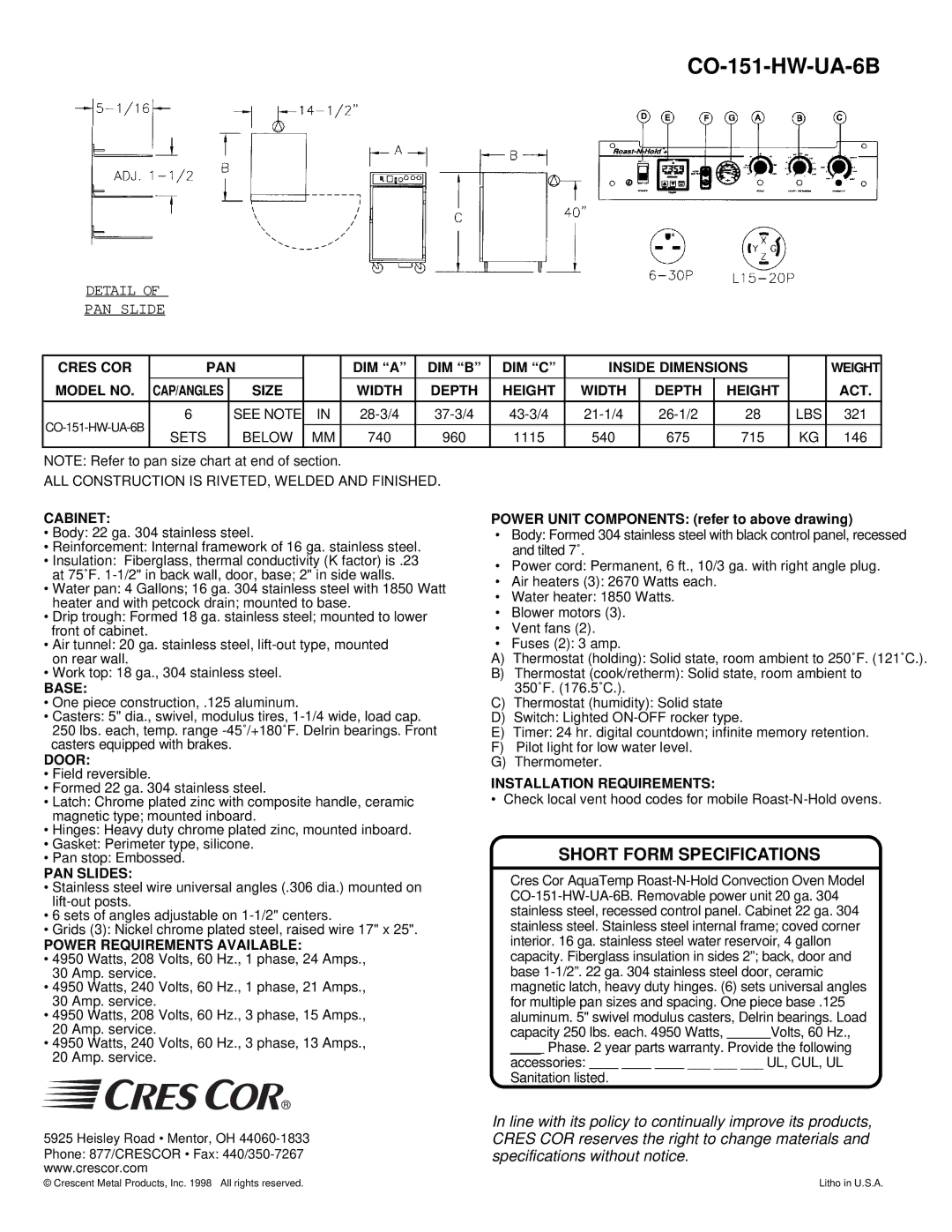 Cres Cor CO-151-HW-UA-6B Cres COR PAN DIM a DIM B DIM C Inside Dimensions, Model no, Size Width Depth Height ACT, Cabinet 