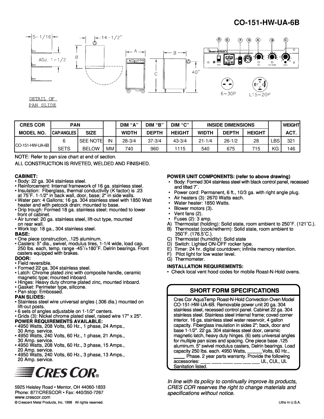 Cres Cor CO-151-HW-UA-6B manual Short Form Specifications, Detail Of Pan Slide 