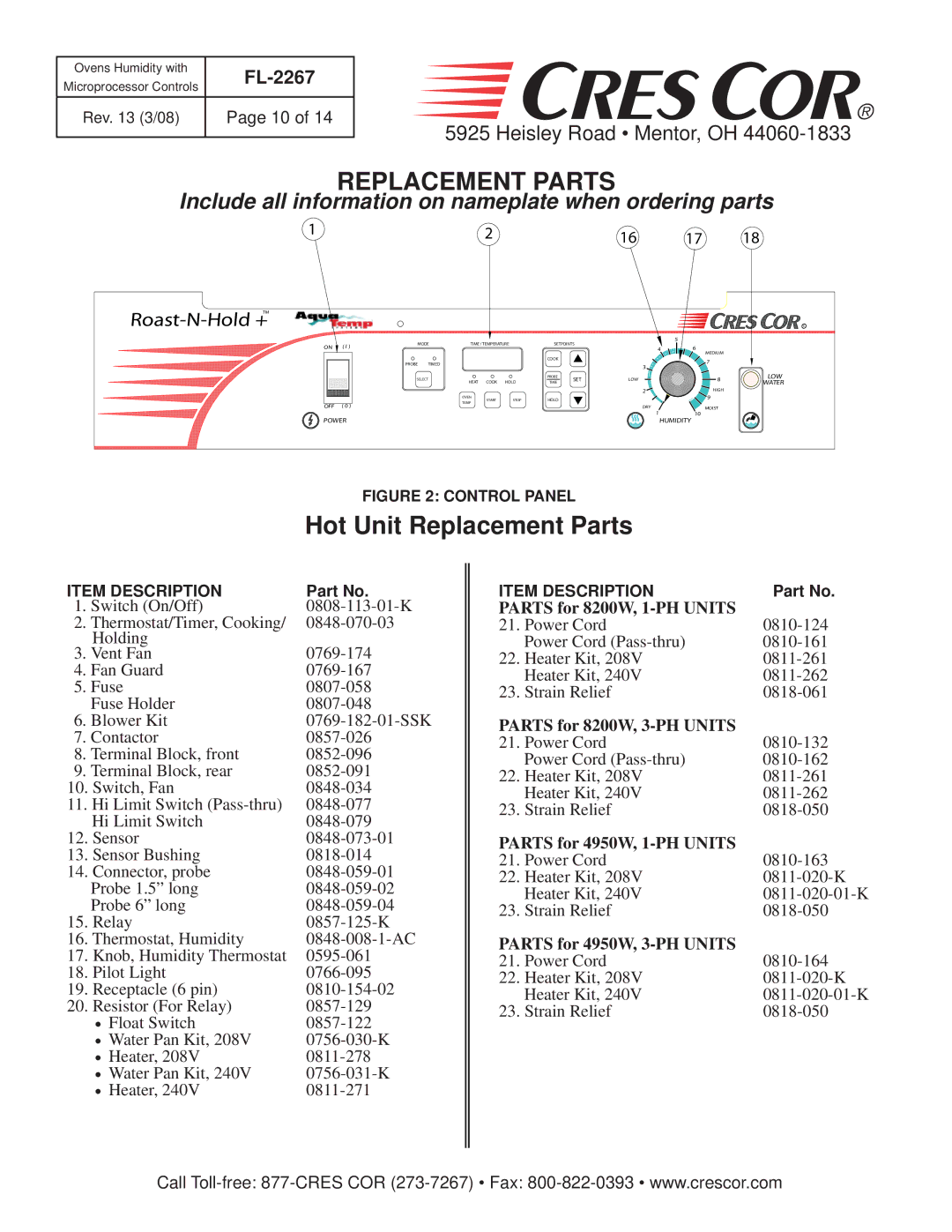 Cres Cor RO151FW1332B-Q1, CO151FPWUA12B-Q1, RO151FPWUA18B-Q1, CO151FWUA12B-Q1, CO151HWUA6B-Q1 Hot Unit Replacement Parts 