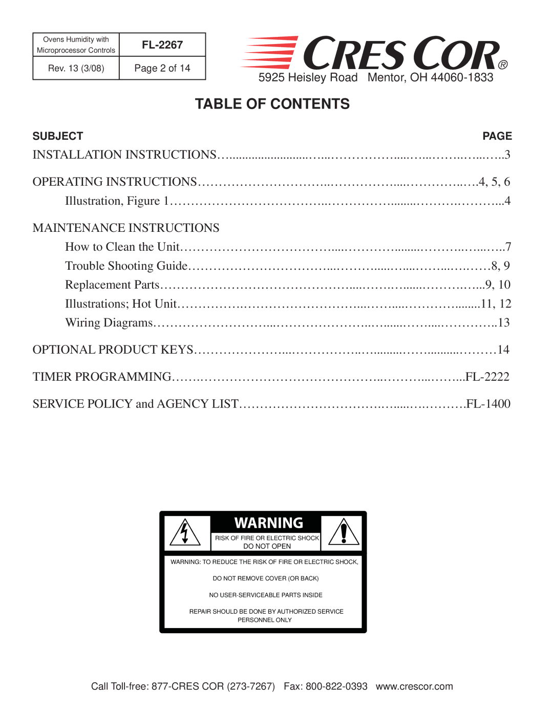 Cres Cor CO151FWUA12B-Q1, CO151FPWUA12B-Q1, RO151FPWUA18B-Q1, RO151FW1332B-Q1, CO151HWUA6B-Q1 manual Table of Contents 