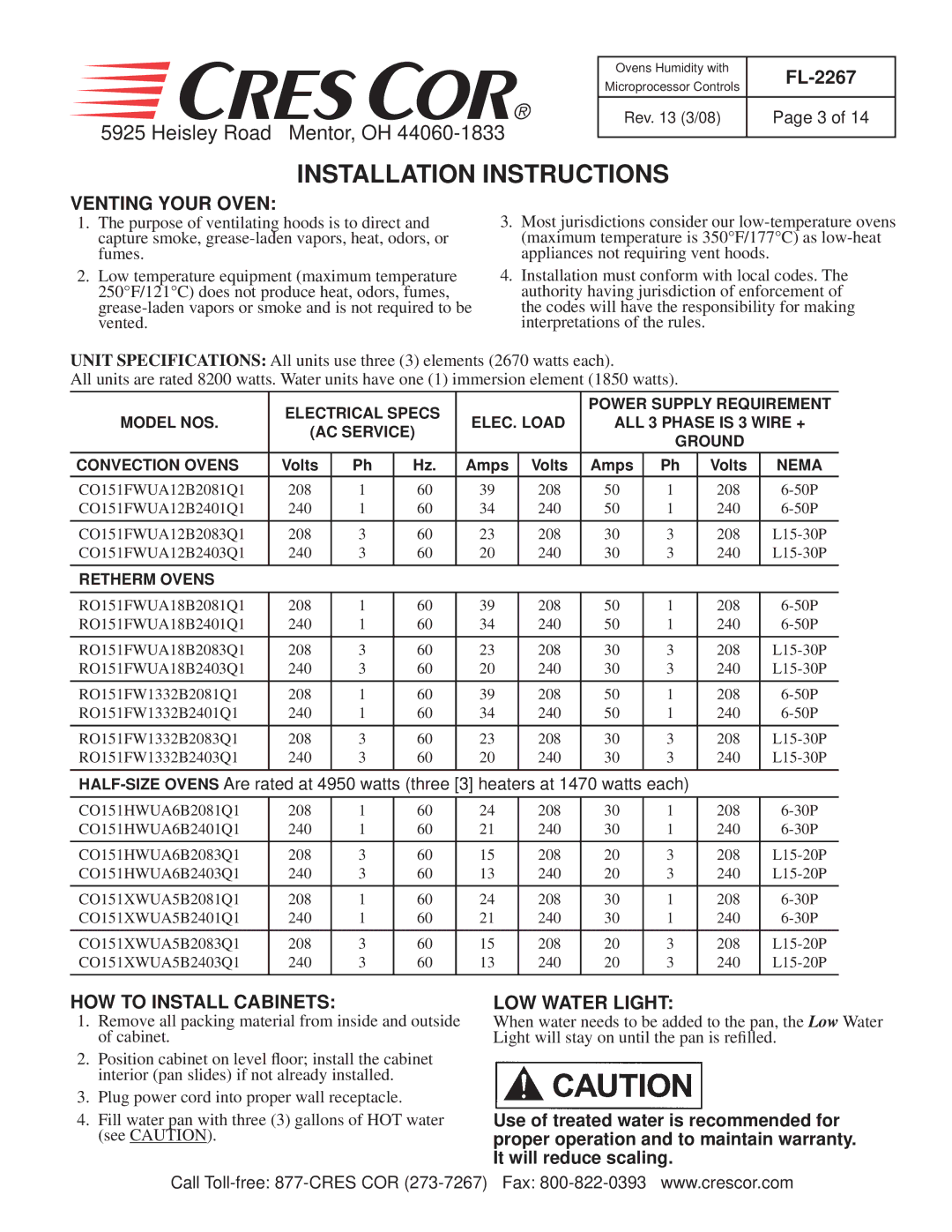 Cres Cor RO151FW1332B-Q1 manual Installation Instructions, Venting Your Oven, HOW to Install Cabinets, LOW Water Light 