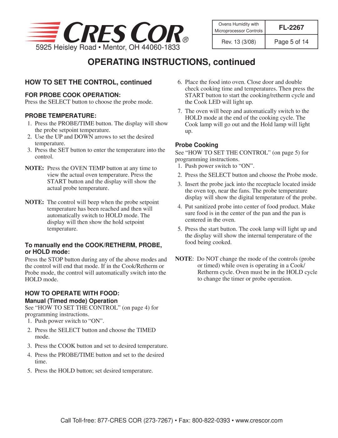 Cres Cor CO151XWUA5B-Q1 Operating Instructions, For Probe Cook Operation, Probe Temperature, HOW to Operate with Food 