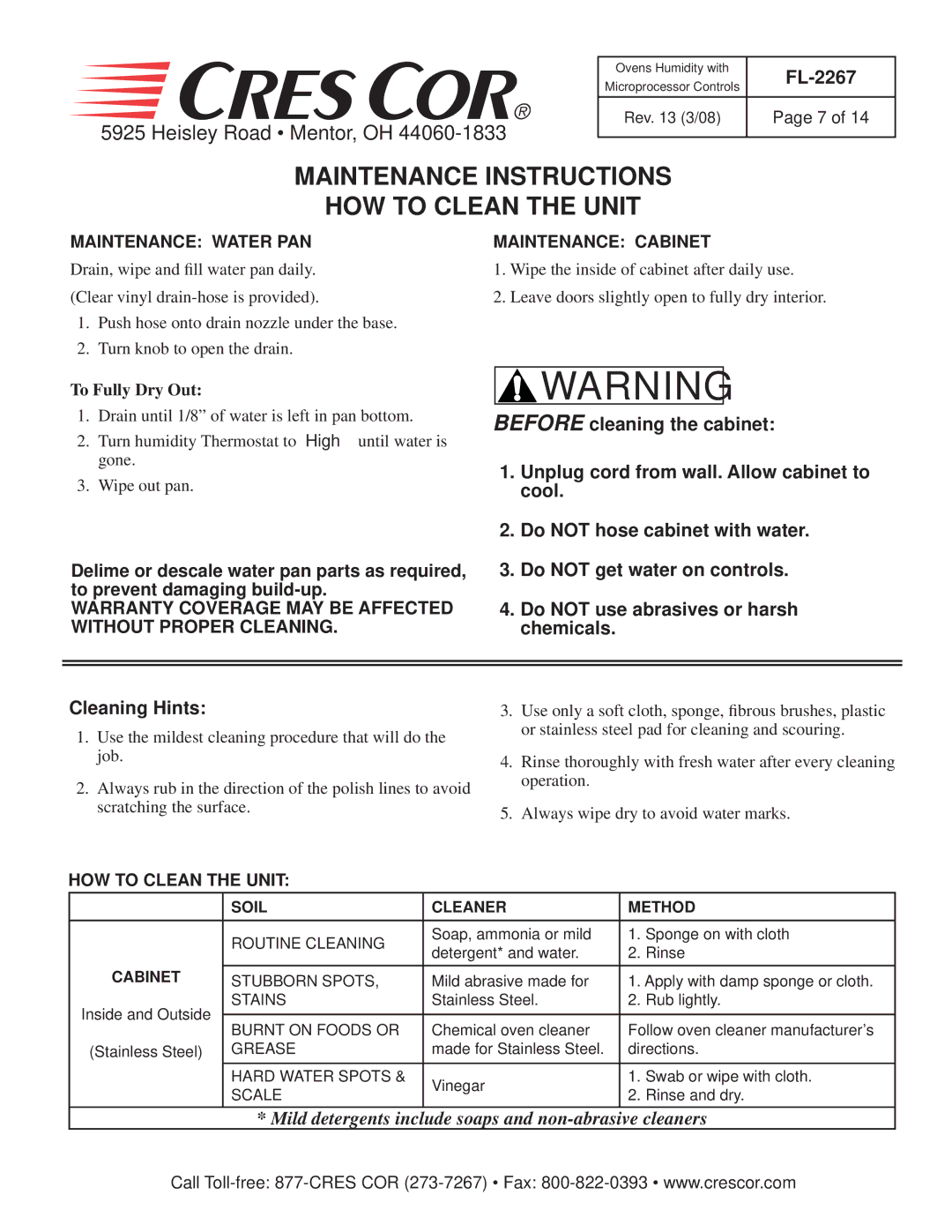 Cres Cor CO151FPWUA12B-Q1 manual Maintenance Instructions HOW to Clean the Unit, Maintenance Water PAN, Maintenance Cabinet 