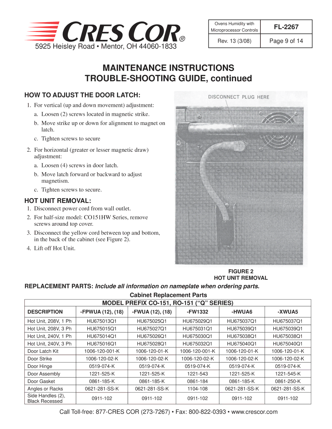 Cres Cor CO151FWUA12B-Q1 Maintenance Instructions, TROUBLE-SHOOTING Guide, HOW to Adjust the Door Latch, HOT Unit Removal 