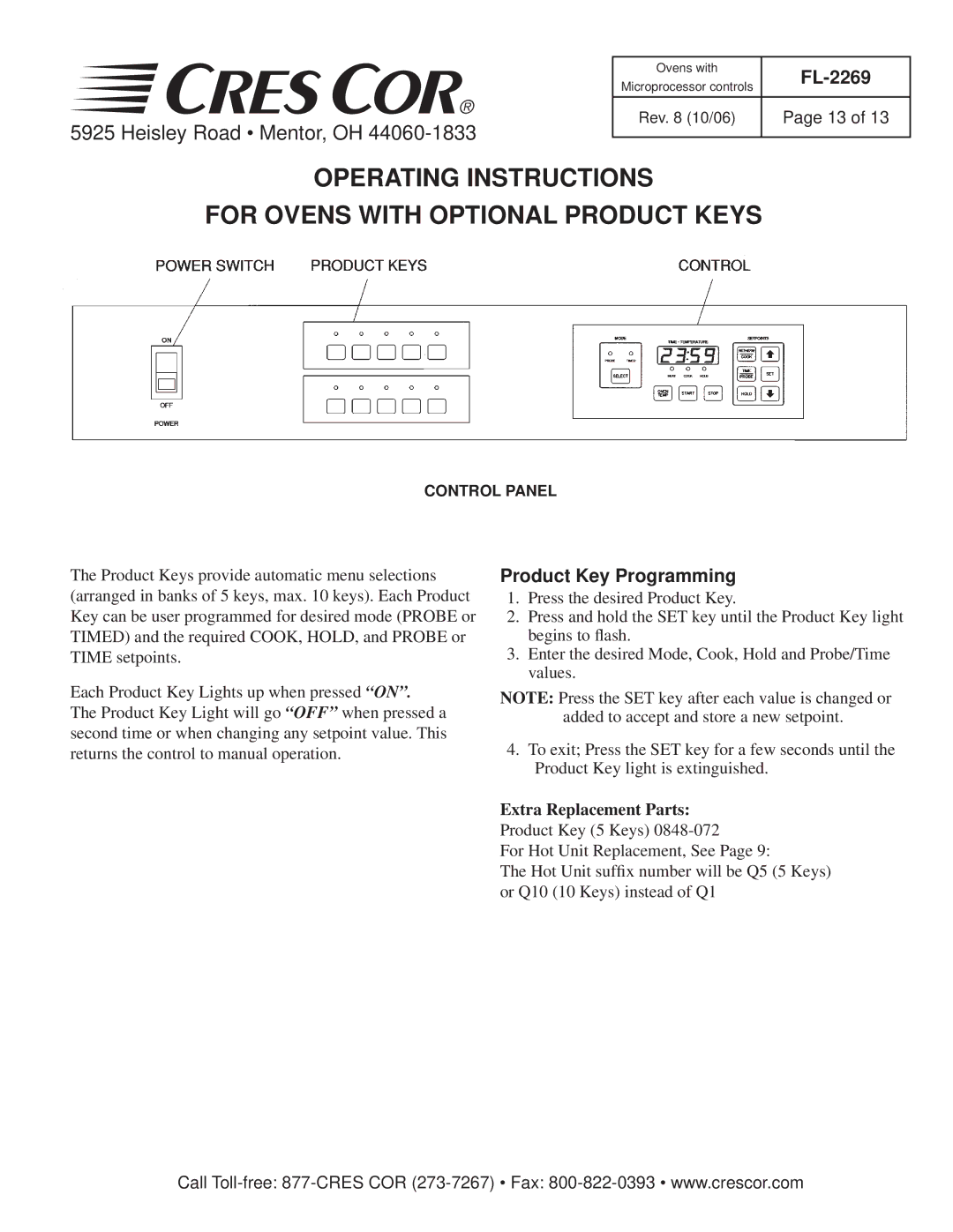 Cres Cor CO151H189B-Q1 manual Operating Instructions For Ovens with Optional Product Keys, Extra Replacement Parts 