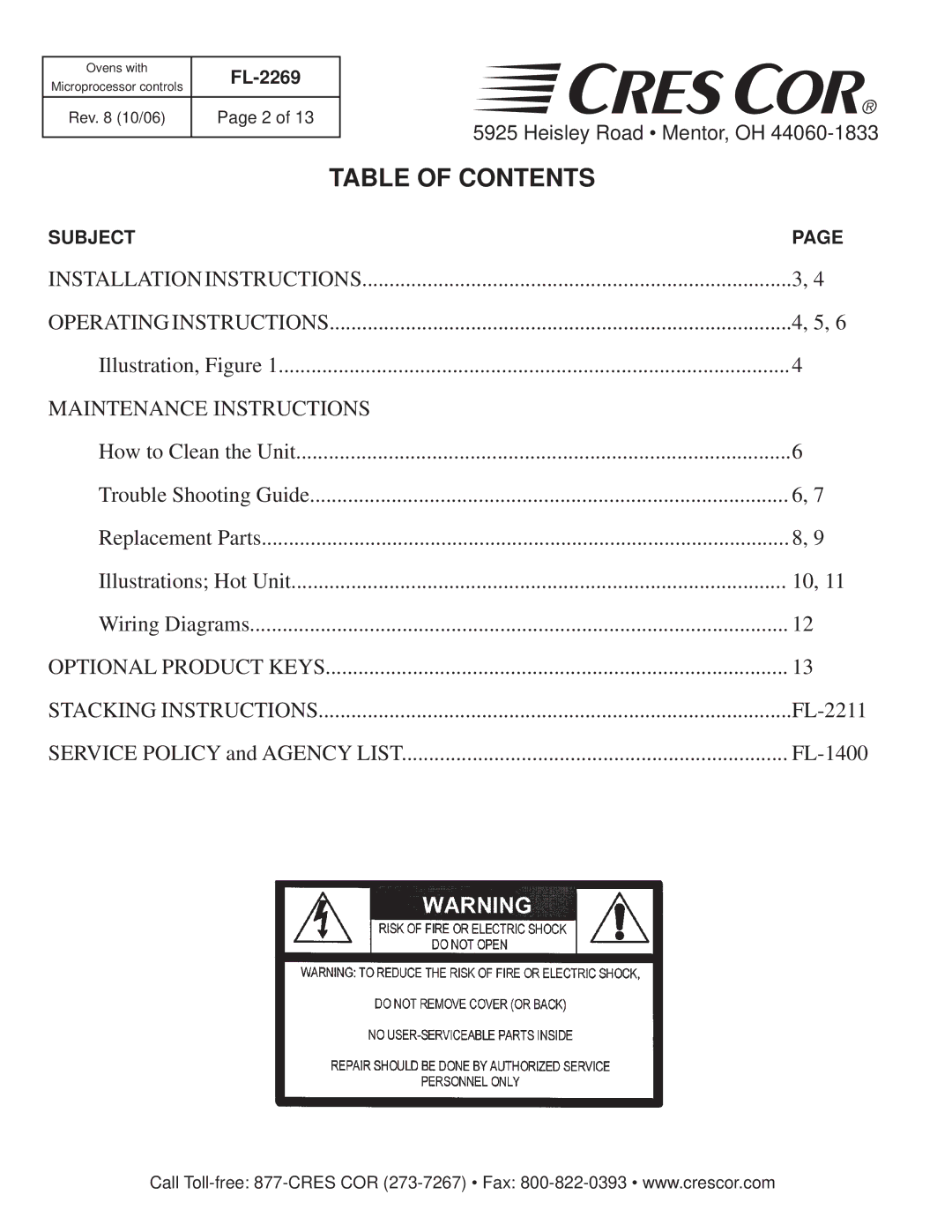 Cres Cor CO151H189B-Q1 manual Table of Contents 