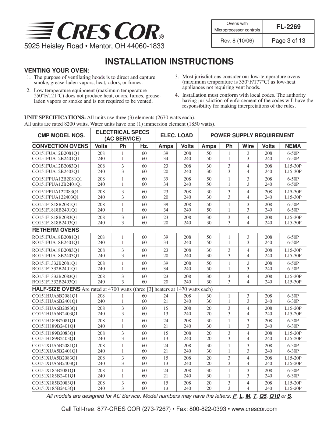 Cres Cor CO151H189B-Q1 manual Installation Instructions, Venting Your Oven 