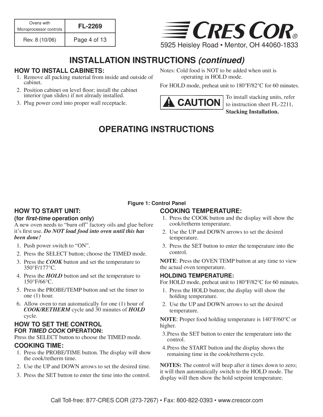 Cres Cor CO151H189B-Q1 Installation Instructions, Operating Instructions, Stacking Installation, For Timed Cook Operation 