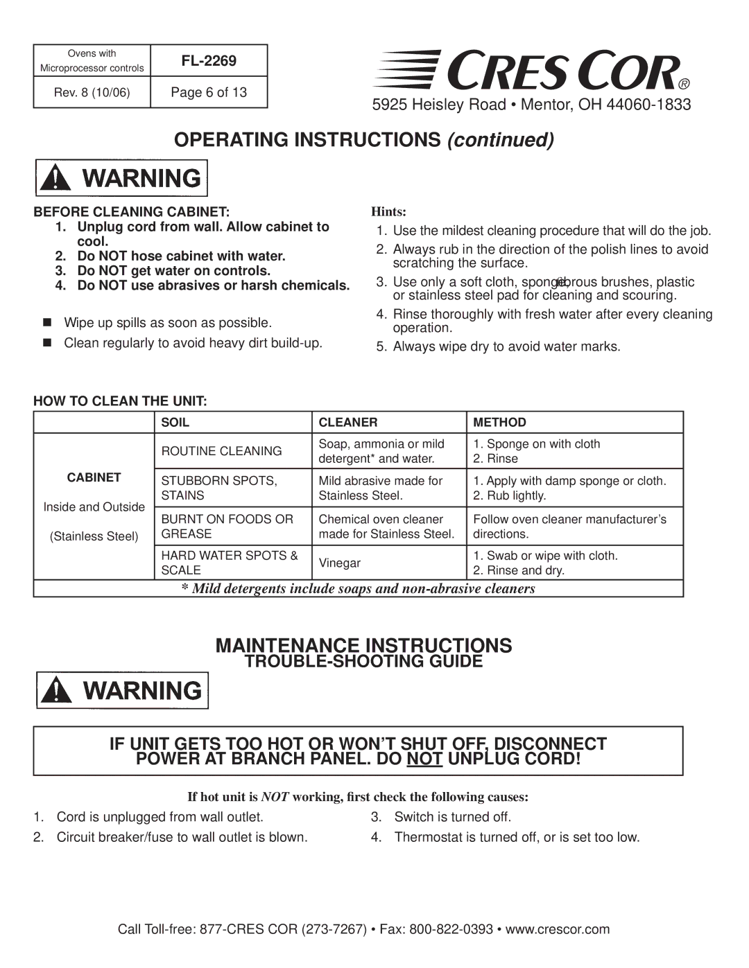 Cres Cor CO151H189B-Q1 manual Maintenance Instructions, Before Cleaning Cabinet, Hints, HOW to Clean the Unit 