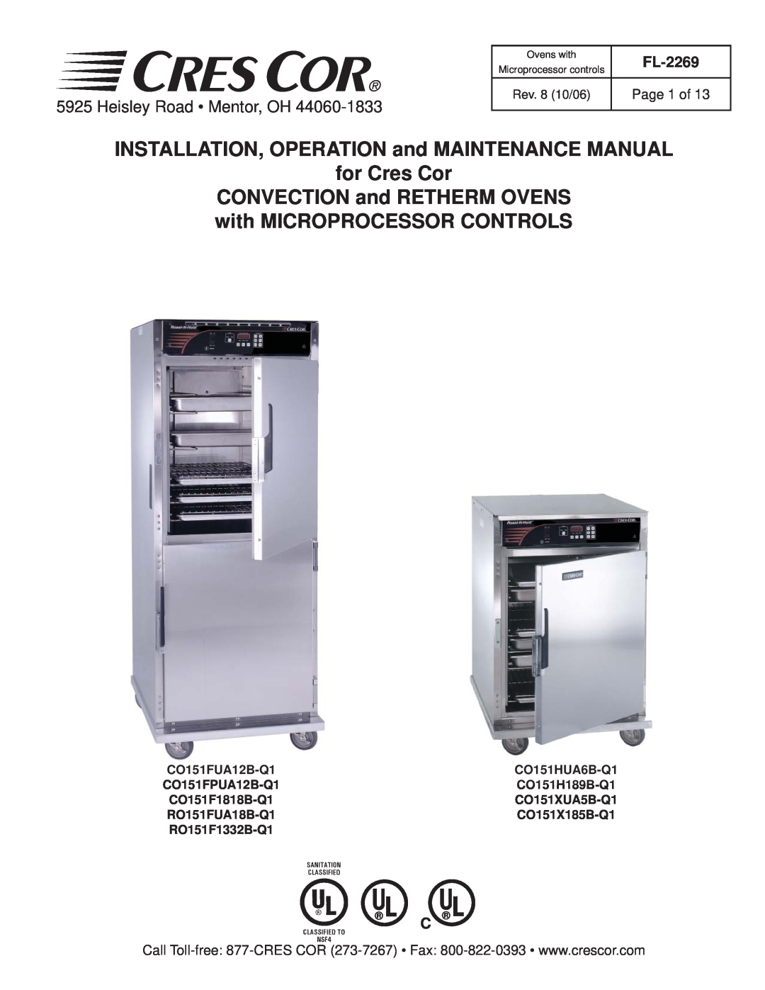 Cres Cor CO151H189B-Q1 manual INSTALLATION, OPERATION and MAINTENANCE MANUAL, for Cres Cor, Heisley Road Mentor, OH 