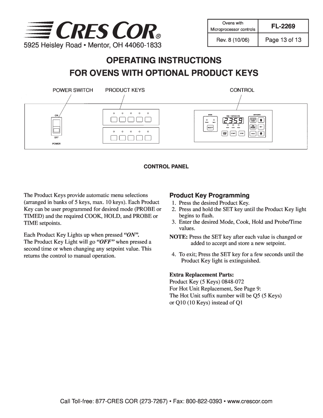 Cres Cor CO151H189B-Q1 For Ovens With Optional Product Keys, Product Key Programming, Page 13 of, Operating Instructions 