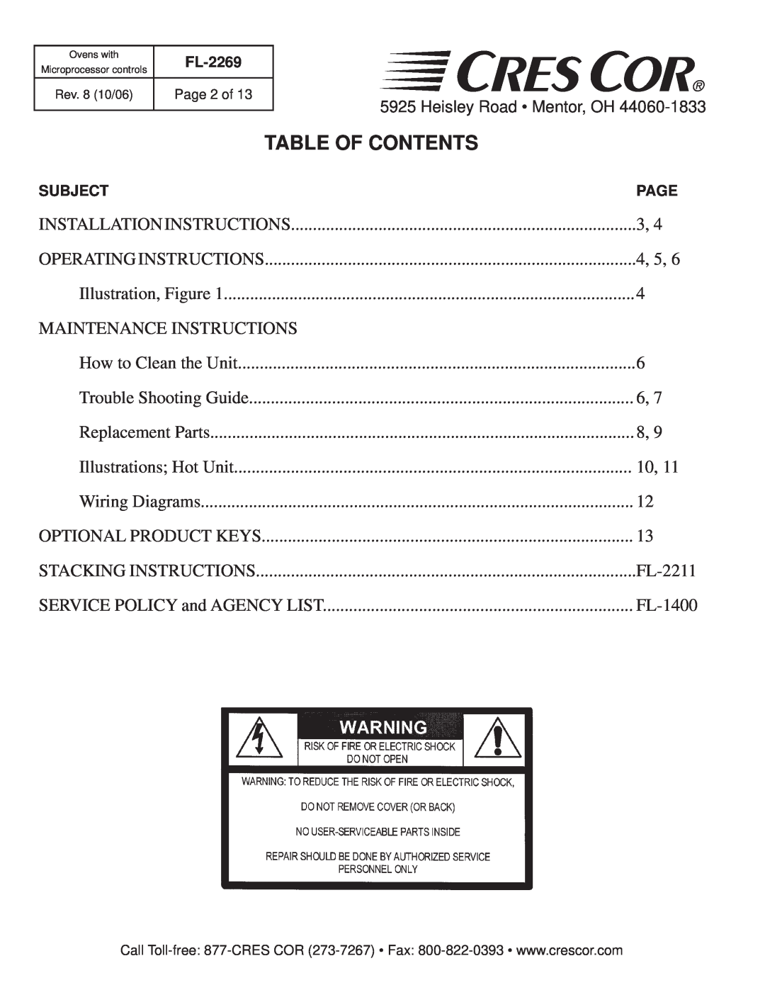 Cres Cor CO151H189B-Q1 manual Table Of Contents, Maintenance Instructions, FL-2211, FL-1400 