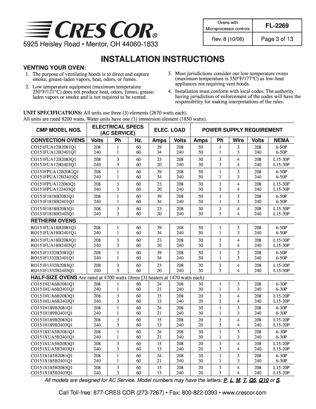 Cres Cor CO151H189B-Q1 Installation Instructions, Page 3 of, Venting Your Oven, Heisley Road Mentor, OH, FL-2269, Volts 