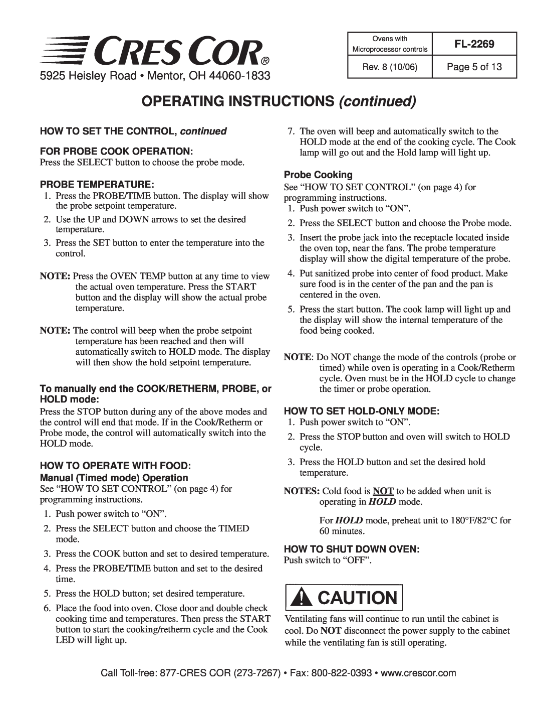 Cres Cor CO151H189B-Q1 OPERATING INSTRUCTIONS continued, Page 5 of, HOW TO SET THE CONTROL, continued, Probe Temperature 
