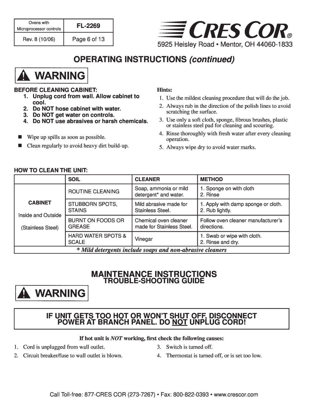 Cres Cor CO151H189B-Q1 Maintenance Instructions, Trouble-Shootingguide, Power At Branch Panel. Do Notunplug Cord, FL-2269 