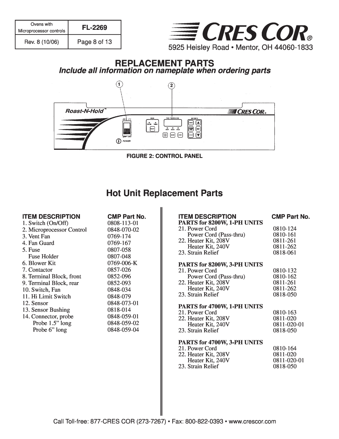 Cres Cor CO151H189B-Q1 manual Hot Unit Replacement Parts, Page 8 of, Item Description, Heisley Road Mentor, OH, FL-2269 