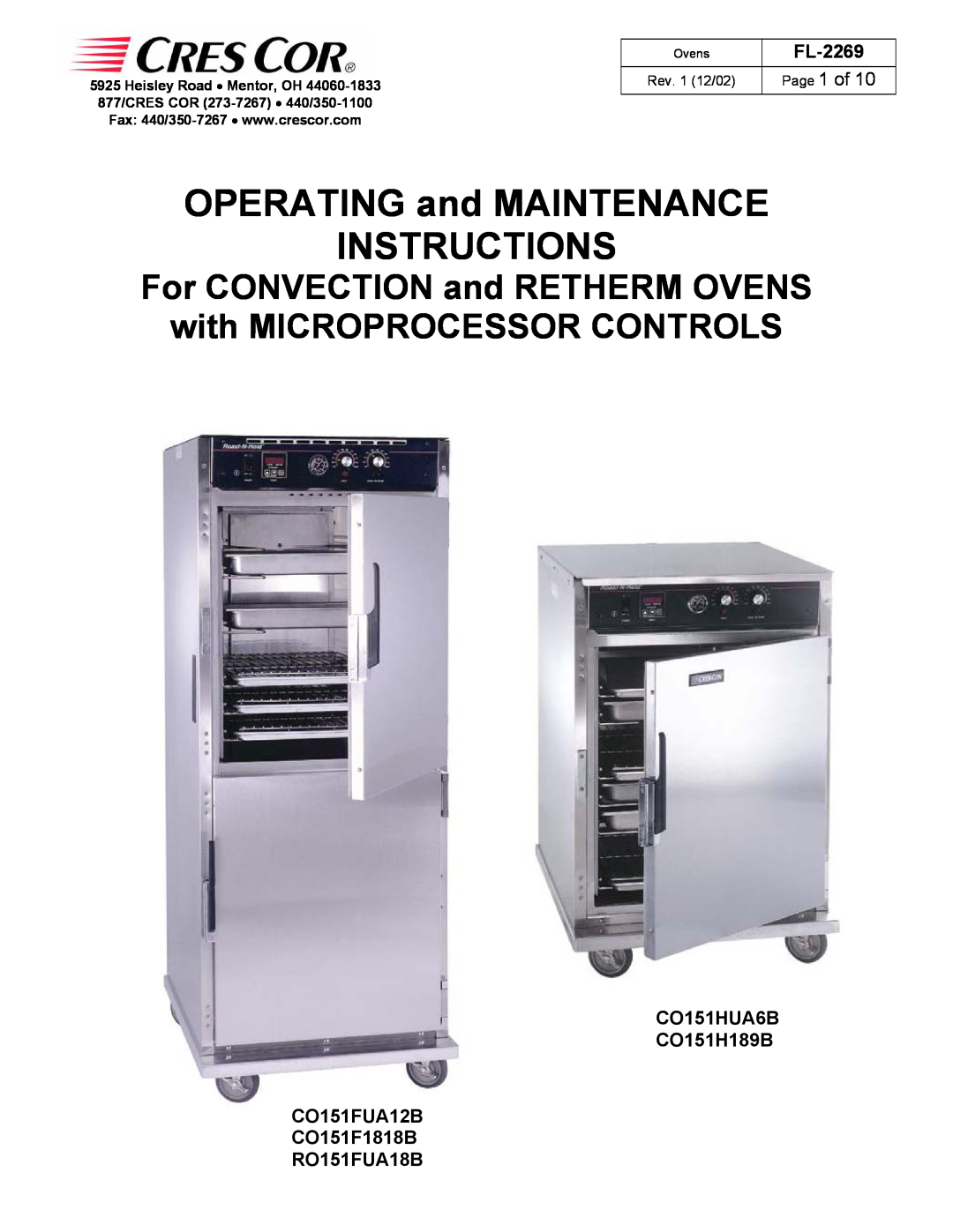 Cres Cor CO151H189B manual OPERATING and MAINTENANCE INSTRUCTIONS, FL-2269, Page 1 of, RO151FUA18B, Rev. 1 12/02, Ovens 