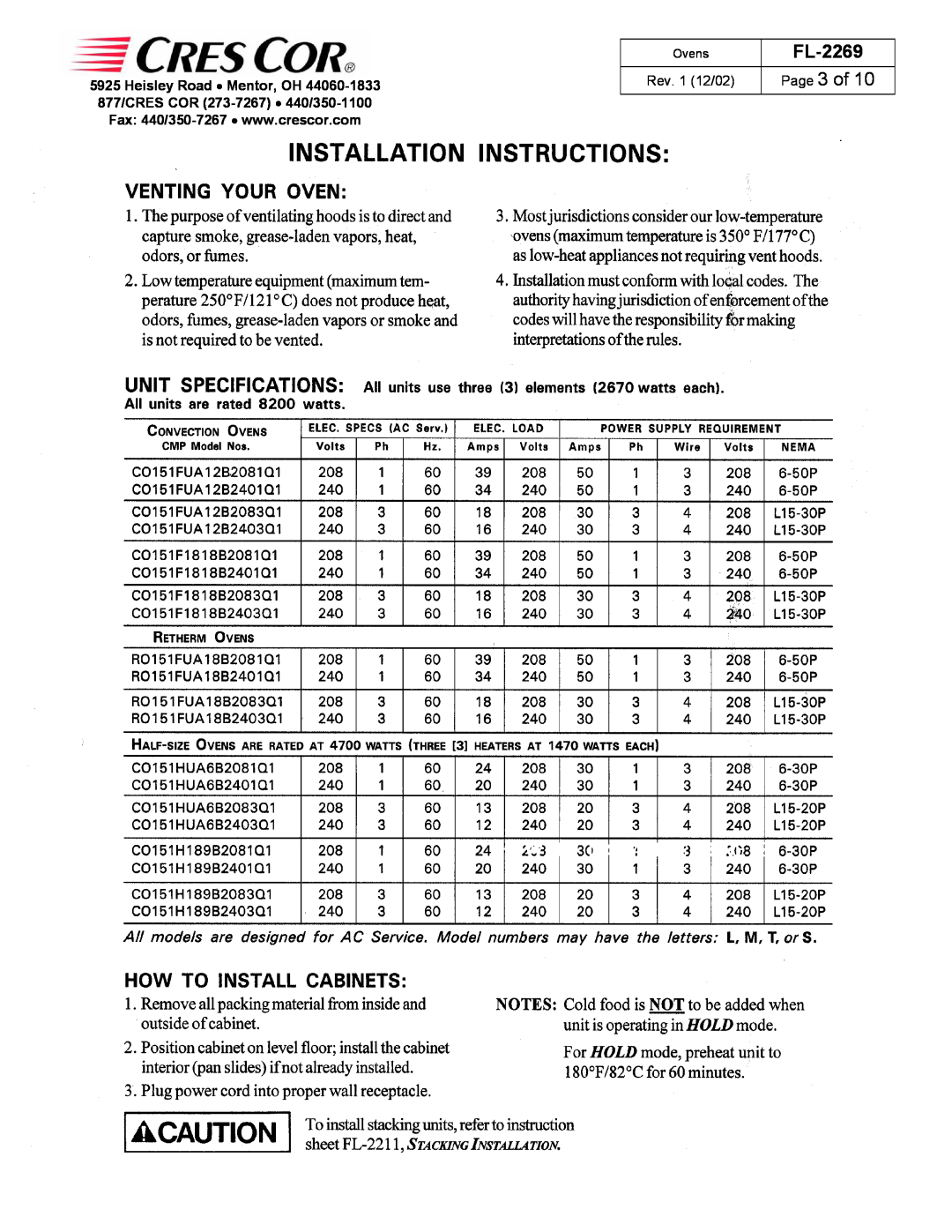 Cres Cor CO151F1818B, CO151HUA6B, CO151H189B, RO151FUA18B, CO151FUA12B manual FL-2269, Page 3 of, Rev. 1 12/02, Ovens 