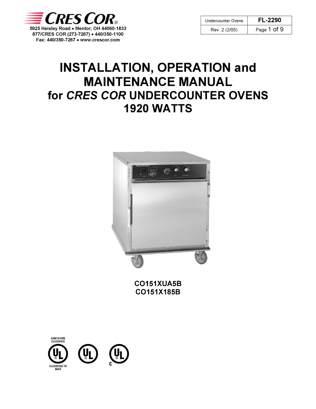 Cres Cor CO151XUA5B, CO151X185B manual Maintenance Manual 