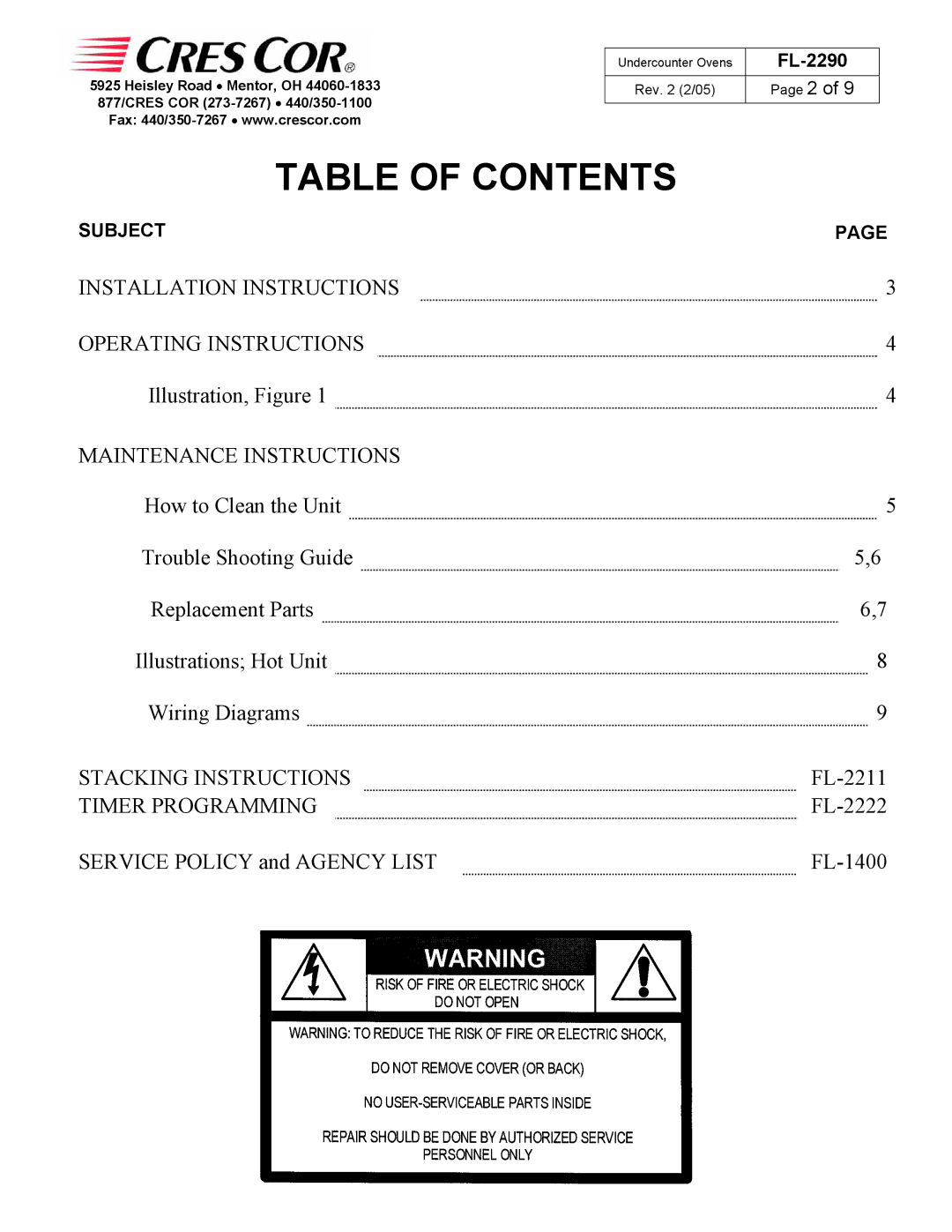 Cres Cor CO151X185B, CO151XUA5B manual Table of Contents 