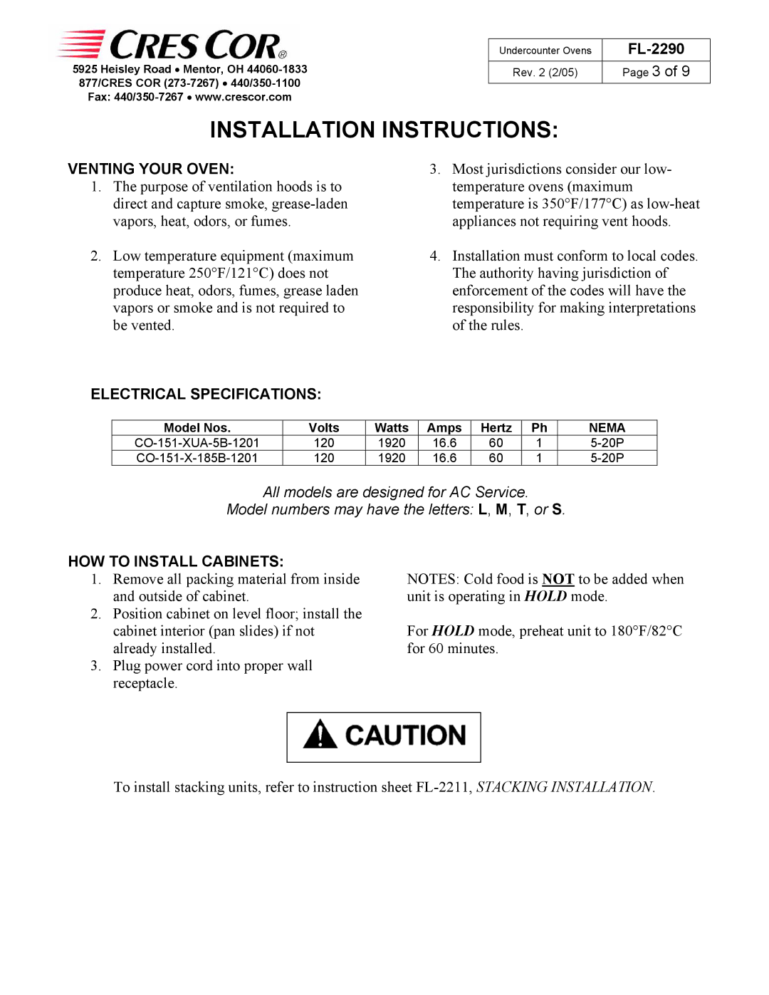 Cres Cor CO151XUA5B, CO151X185B manual Venting Your Oven, Electrical Specifications, HOW to Install Cabinets 