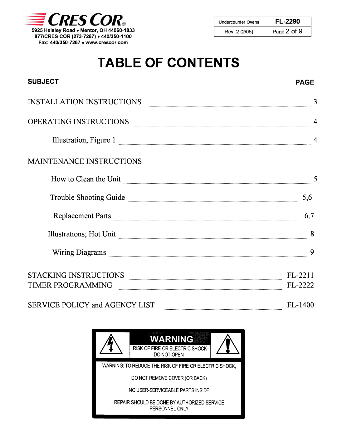 Cres Cor CO151X185B, CO151XUA5B manual Table Of Contents 