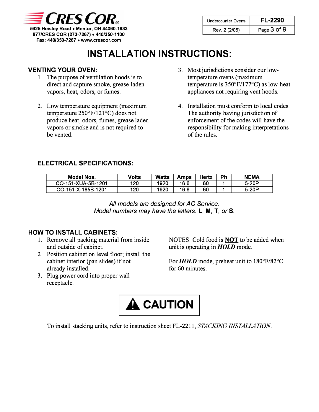 Cres Cor CO151XUA5B, CO151X185B manual Installation Instructions, FL-2290, Venting Your Oven, Electrical Specifications 