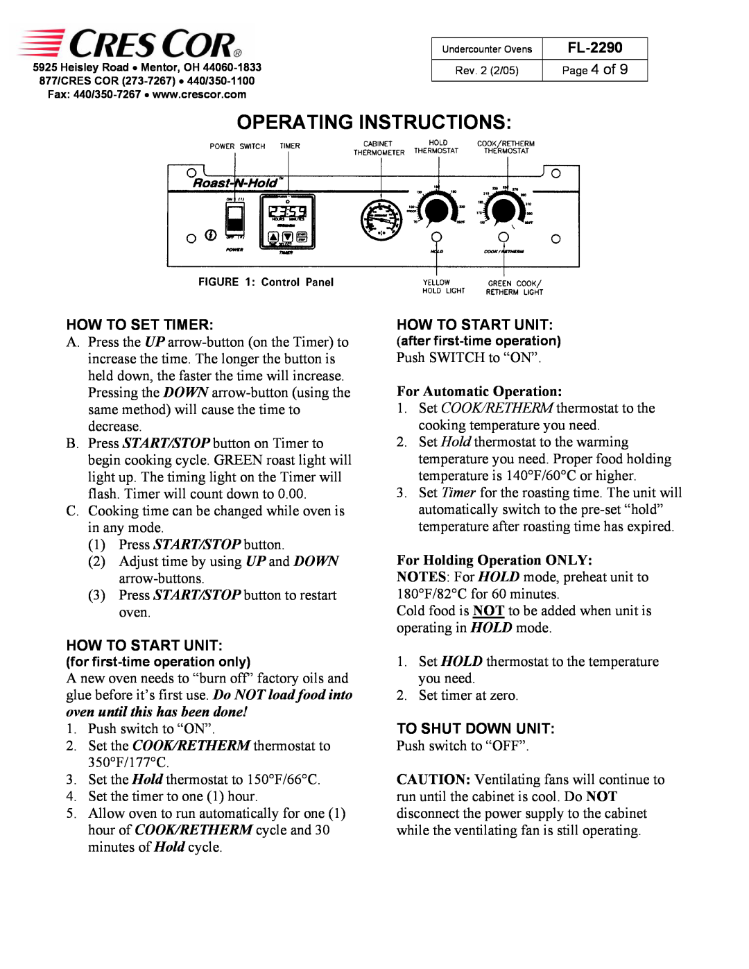 Cres Cor CO151X185B manual Operating Instructions, FL-2290, How To Set Timer, How To Start Unit, For Automatic Operation 