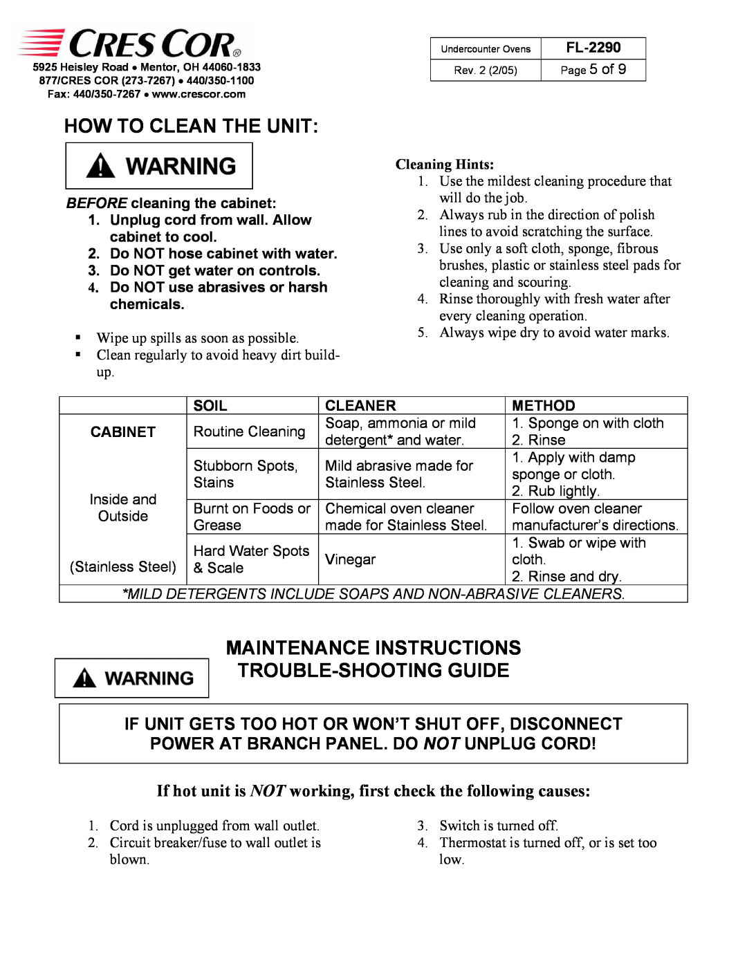 Cres Cor CO151XUA5B How To Clean The Unit, Maintenance Instructions Trouble-Shootingguide, BEFORE cleaning the cabinet 