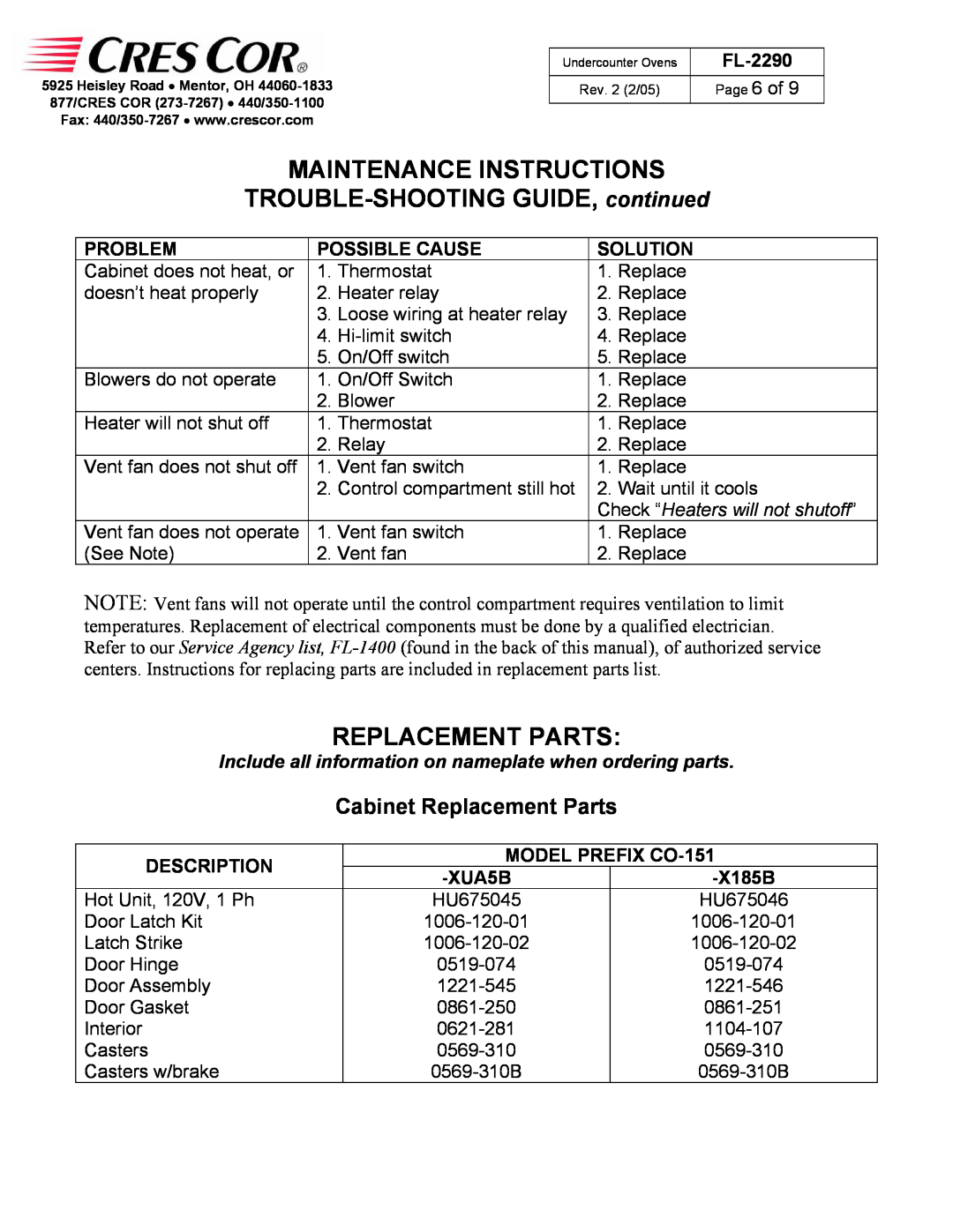 Cres Cor CO151X185B Maintenance Instructions, TROUBLE-SHOOTINGGUIDE, continued, Replacement Parts, FL-2290, Problem, XUA5B 