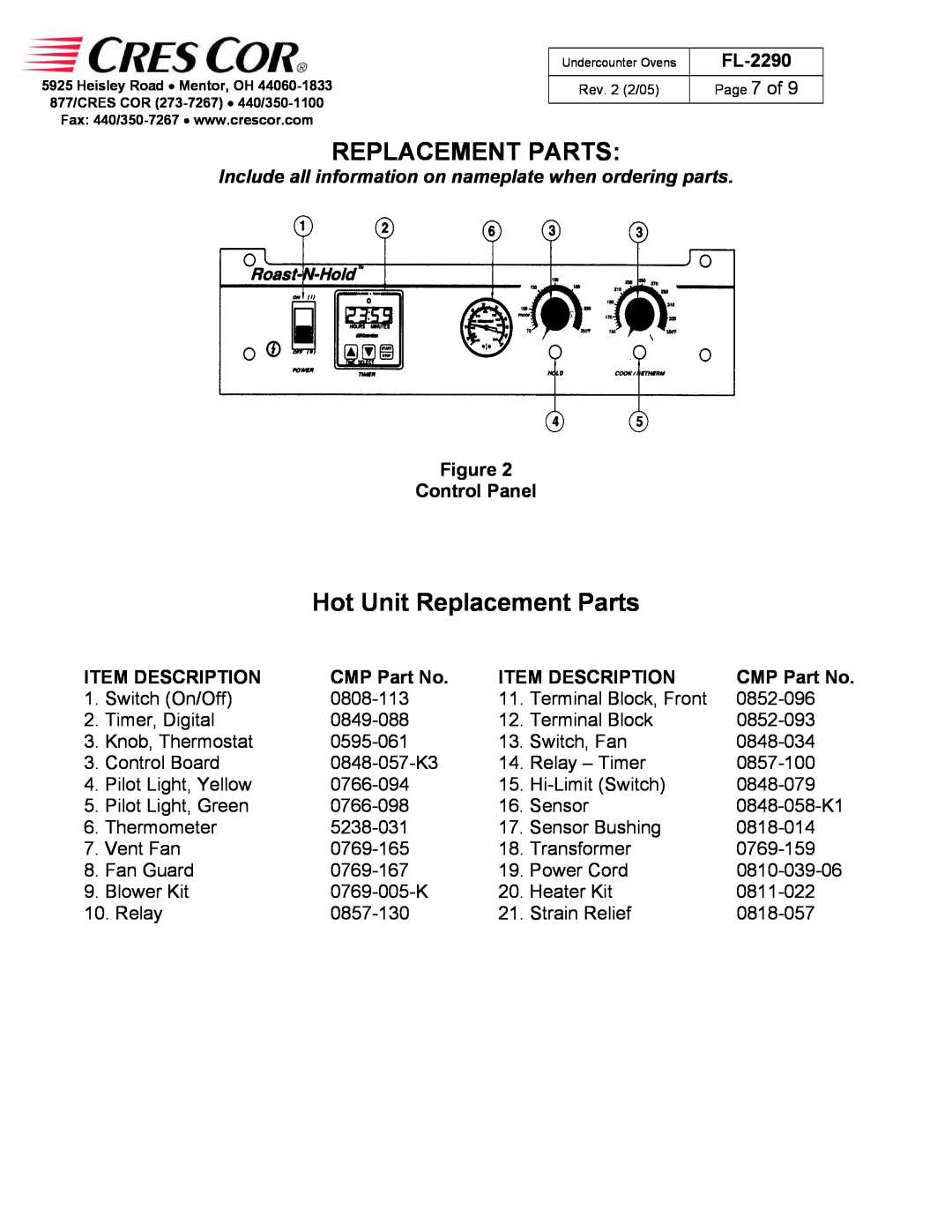 Cres Cor CO151XUA5B, CO151X185B Hot Unit Replacement Parts, FL-2290, Figure Control Panel, Item Description, CMP Part No 