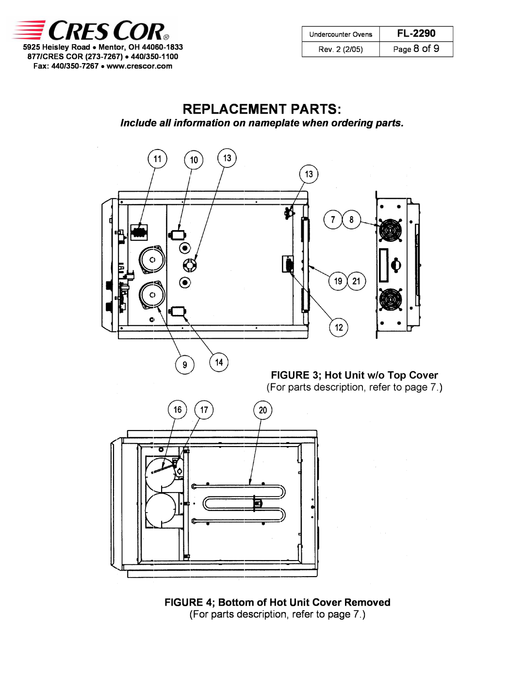 Cres Cor CO151X185B manual Replacement Parts, FL-2290, Bottom of Hot Unit Cover Removed, Rev. 2 2/05, Undercounter Ovens 