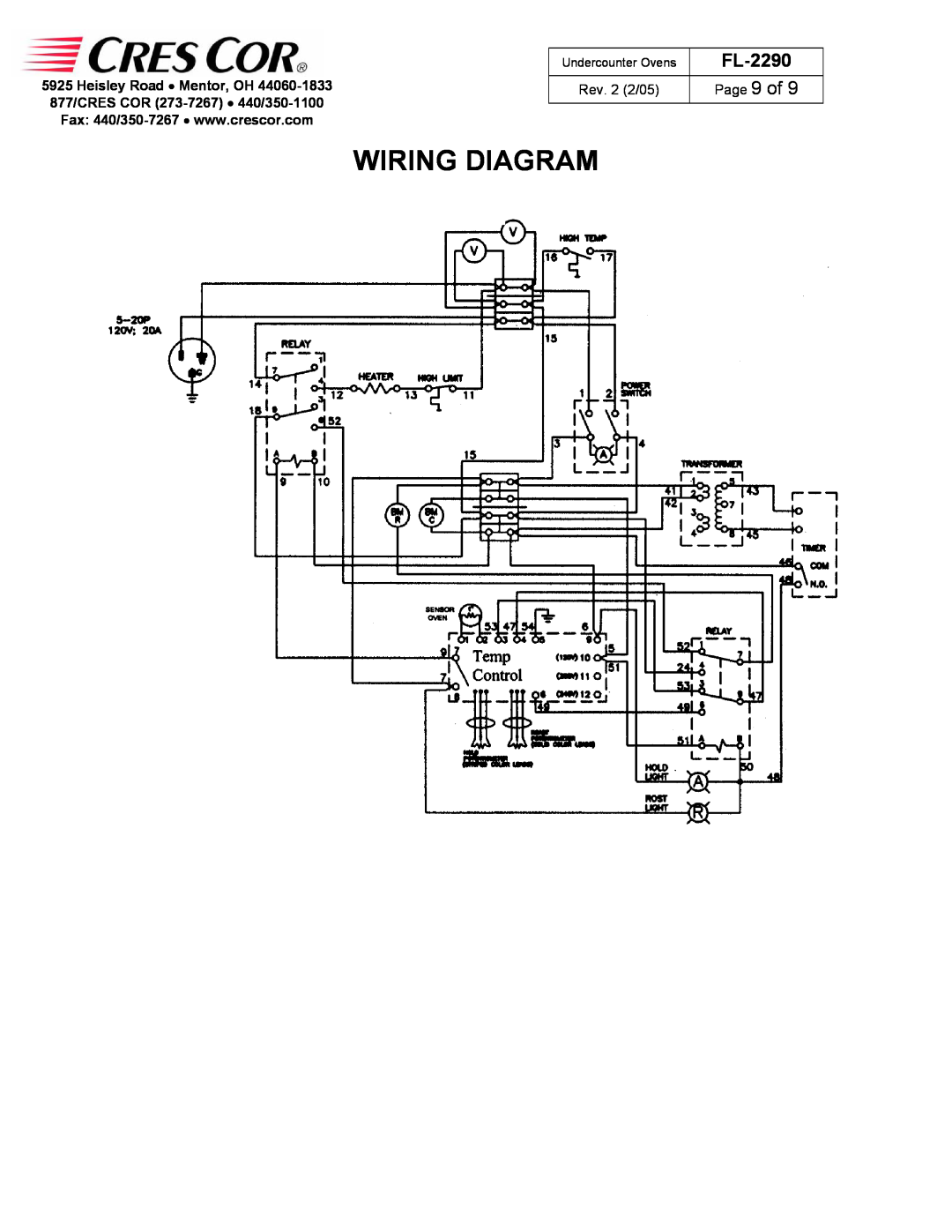 Cres Cor CO151XUA5B, CO151X185B manual Wiring Diagram, FL-2290, Page 9 of, Rev. 2 2/05, Undercounter Ovens 