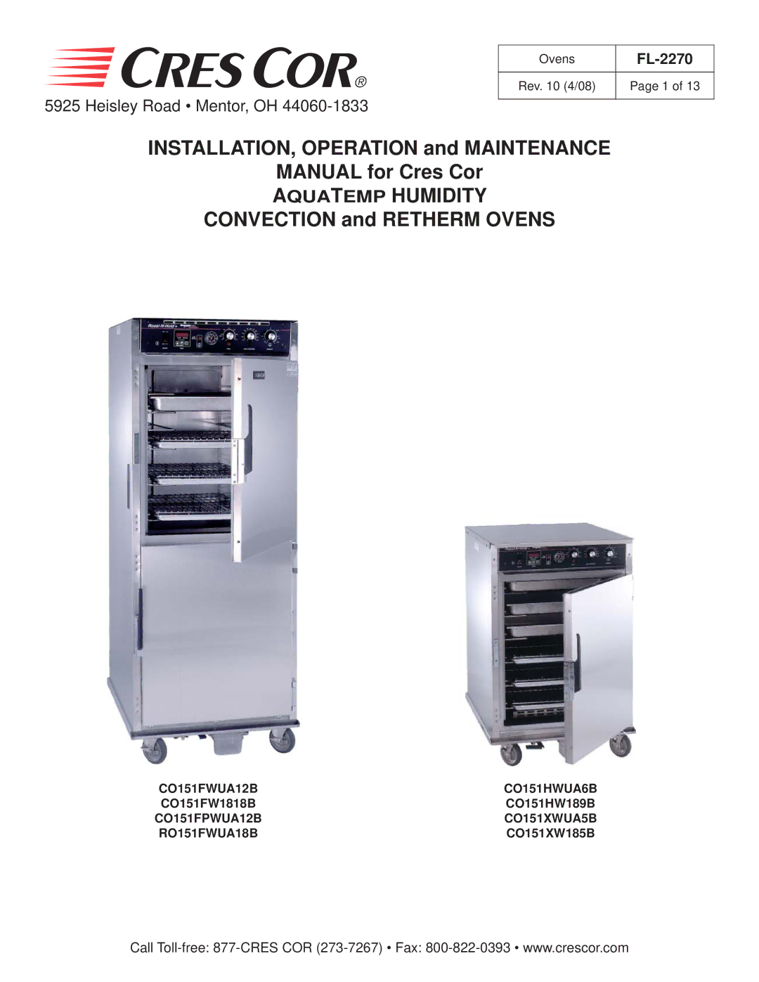 Cres Cor CO151HW189B, CO151XW185B manual INSTALLATION, Operation and Maintenance Manual for Cres Cor, Aquatemp Humidity 