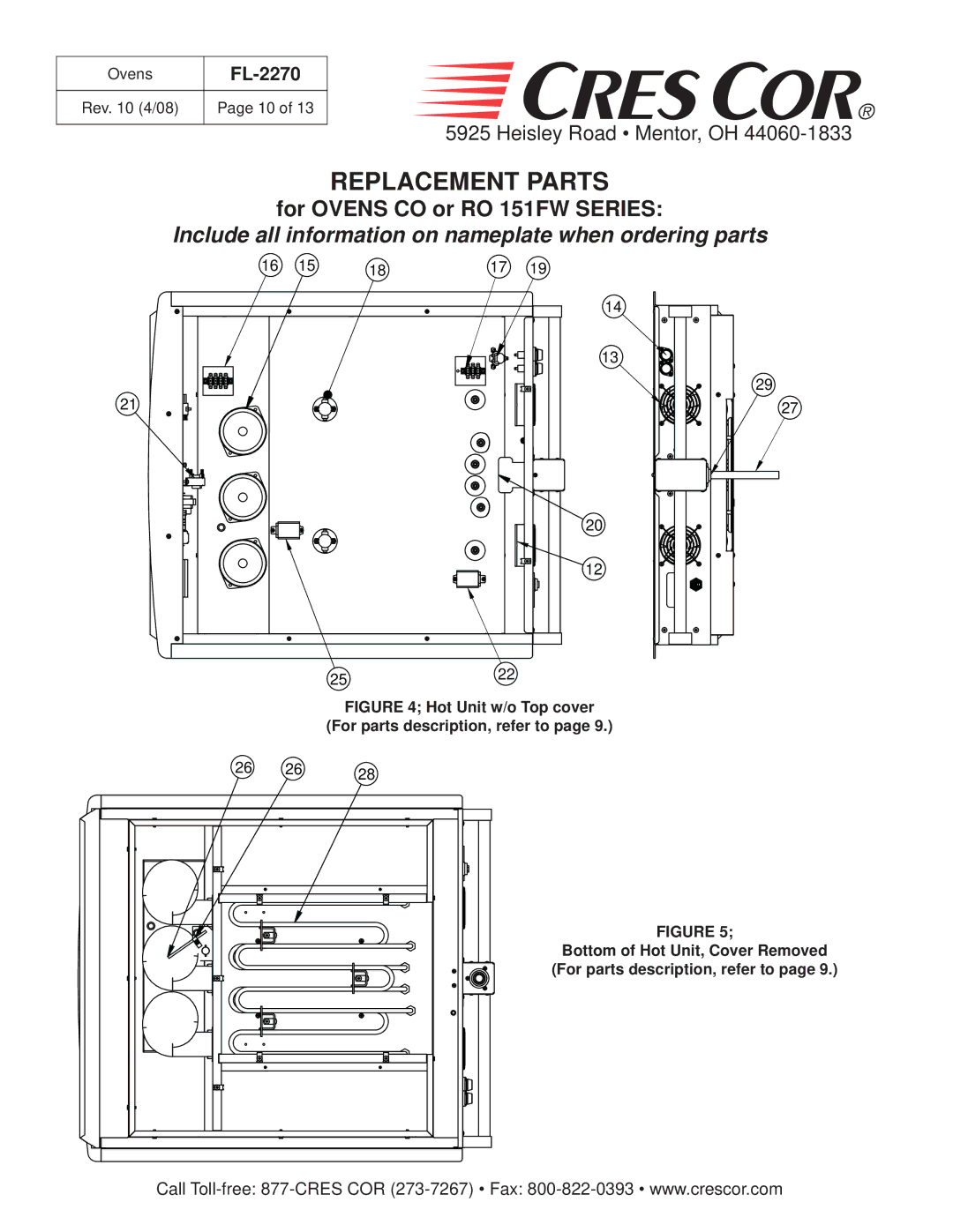 Cres Cor CO151XW185B, CO151HW189B, CO151XWUA5B, CO151FW1818B, CO151FWUA12B manual For Ovens CO or RO 151FW Series 