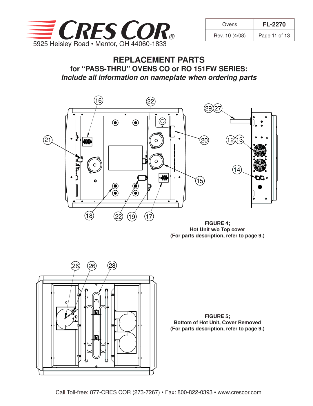 Cres Cor CO151HW189B, CO151XW185B, CO151XWUA5B, CO151FW1818B, CO151FWUA12B manual For PASS-THRU Ovens CO or RO 151FW Series 