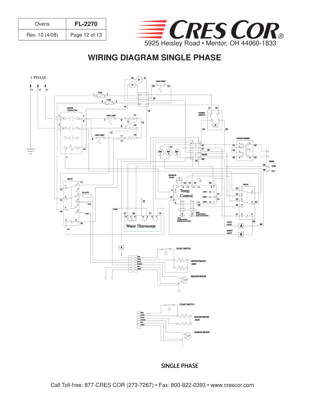 Cres Cor CO151XWUA5B, CO151XW185B, CO151HW189B, CO151FW1818B, CO151FWUA12B manual Wiring Diagram Single Phase 