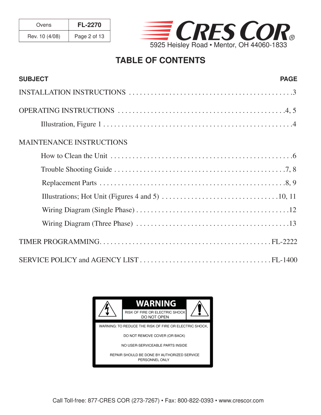 Cres Cor CO151XWUA5B, CO151XW185B, CO151HW189B, CO151FW1818B, CO151FWUA12B manual Table of Contents 